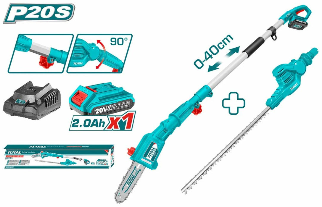 Total 20v Battery Pole Saw with Hedge Trimmer UTPTS201681