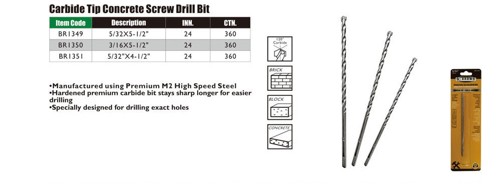 Brown 3/16" Concrete Screw Drill Bit BR1350